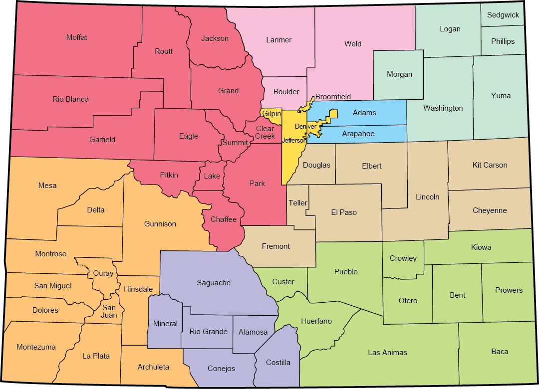 A map of Colorado counties color-coded by their weatherization service providers.