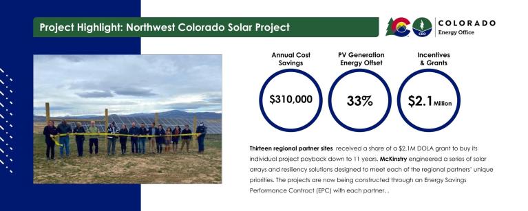 Northwest Colorado Solar Project: Projected Annual Cost savings: $310,000 PV Generation Energy Offset: 33% Incentives & Grants Utilized: $2.1 Million