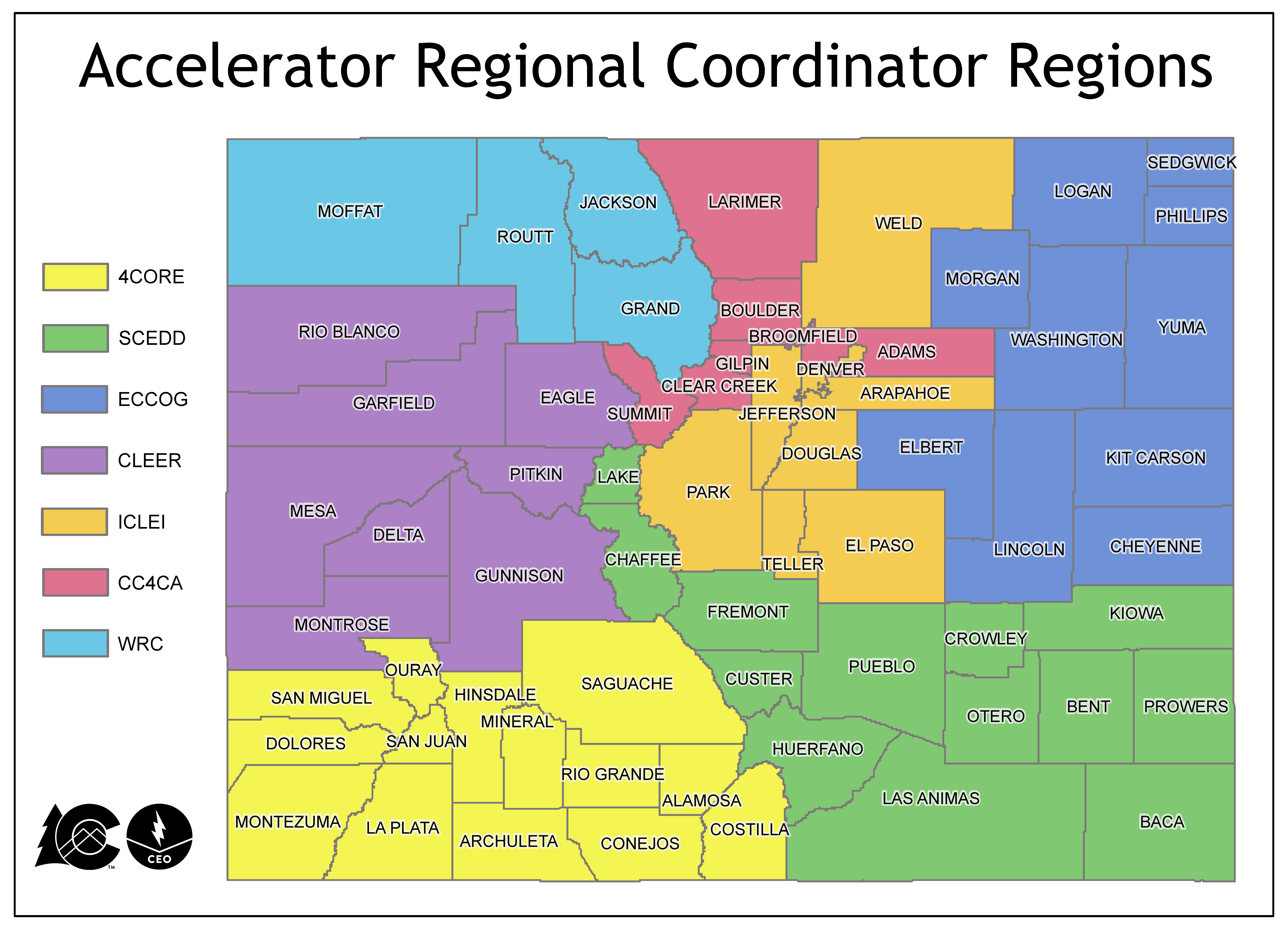 Map of Accelerator Regional Coordinator Regions detailed in adjacent text