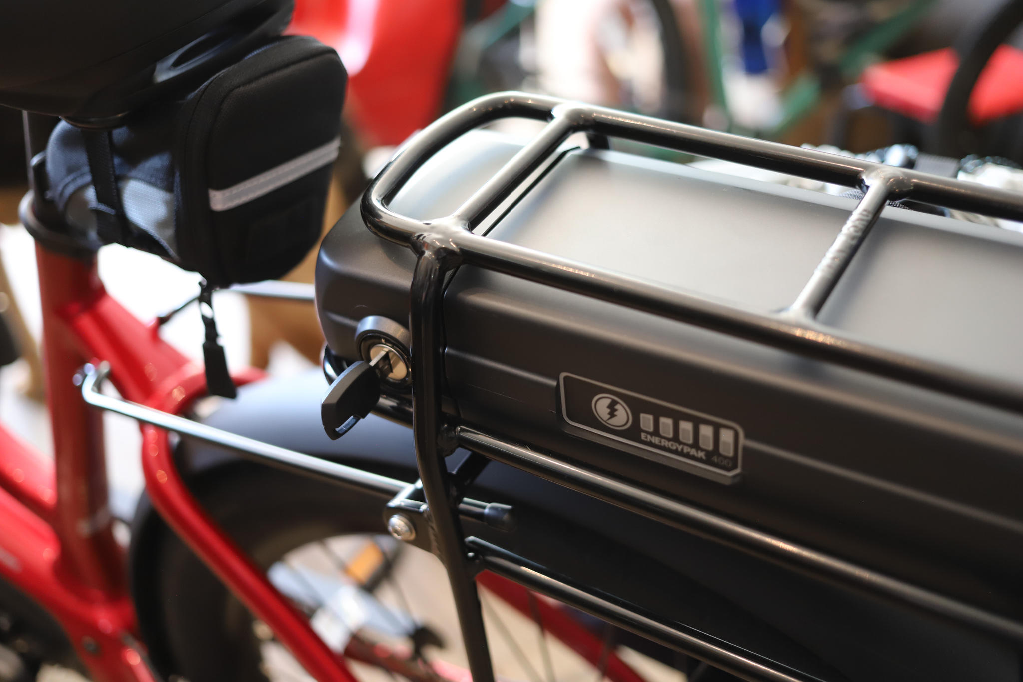 A close-up of an eBike battery