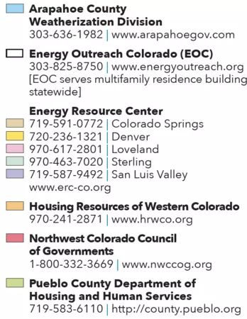 A legend indicating which colors on the county map are associated with which weatherization service providers.