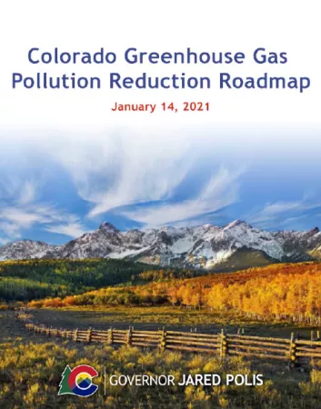 cover of GHG Roadmap show with report title, Colorado rural vista and CO Governor Jared Polis' office logo