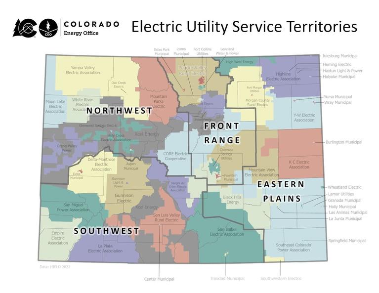 A map of electric utility service territories in Colorado overlaid by a map defining four regions: Northwest, Front Range, Eastern Plains, Southwest